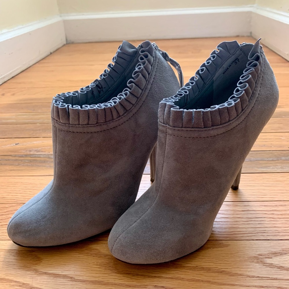 Gray Suede Booties with Ruffle Detail